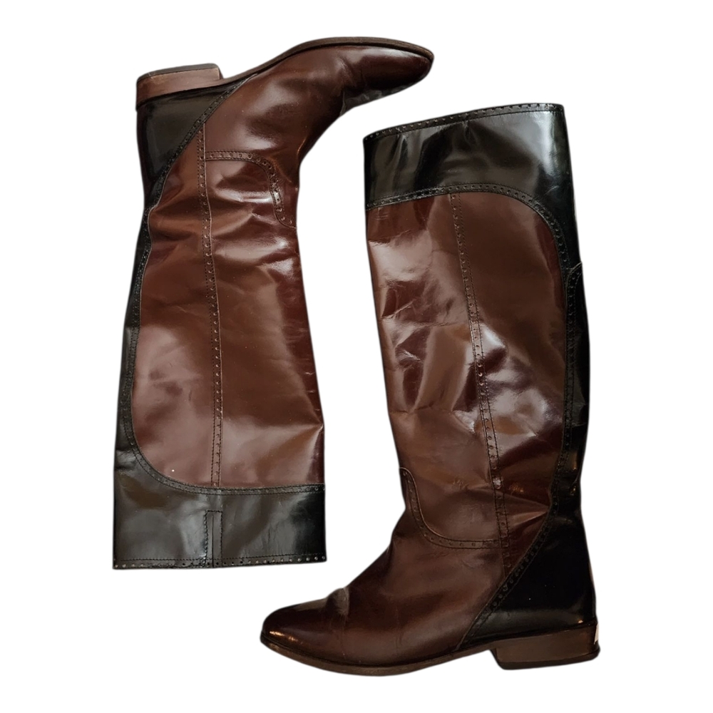 Vera Cuoio Leather Block Riding Boots Black/Brown Womens SZ EUR 38/US 7.5 Italy